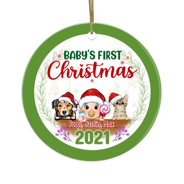 Personalized Ornament, Baby's First Christmas - Baby With Peeking Pets, Christmas Gift For Baby And Dog Lovers, Cat Lovers