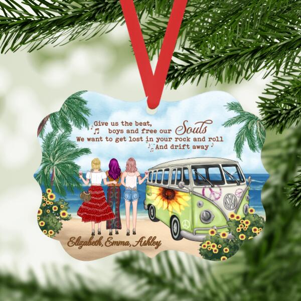 Personalized Metal Ornament, Hippie Girls On Beach, Christmas Gifts for Boho and Car Lovers