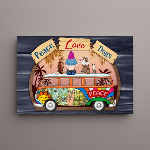 Personalized Canvas, Hippie Girl with Dogs On Bus, Gift for Hippie and Dog Lovers