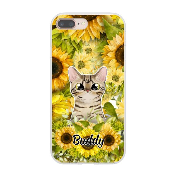 Personalized Phone Case, Up To 2 Cats, Gift For Cat Lovers, Cat And Sunflower