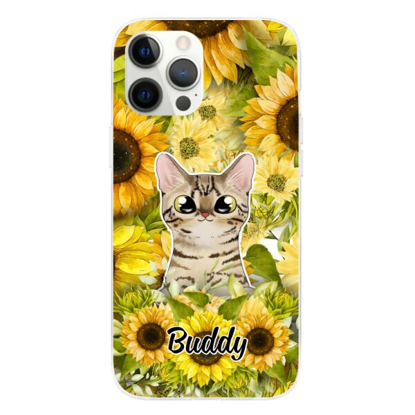 Personalized Phone Case, Up To 2 Cats, Gift For Cat Lovers, Cat And Sunflower