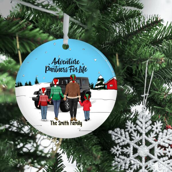 Personalized Ornament, Family Standing With Car - Adventure Partners For Life, Christmas Gift For Family, Car Lovers, Dog Lovers