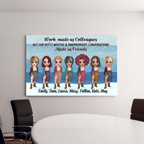 Personalized Canvas, Up To 7 Girls, Gift For Colleagues, Coworkers, Chibi Girls, Sisters, Work Made Us Colleagues