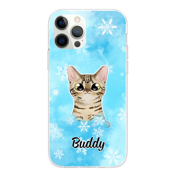 Personalized Phone Case, Up To 3 Cats, Gift For Cat Lovers, Winter Theme, Cats And Snowflake