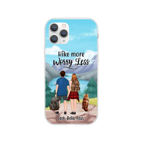 Personalized Phone Case, Hiking Couple With Dogs, Gift For Hikers And Dog Lovers