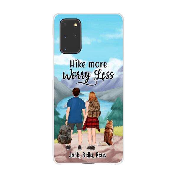 Personalized Phone Case, Hiking Couple With Dogs, Gift For Hikers And Dog Lovers