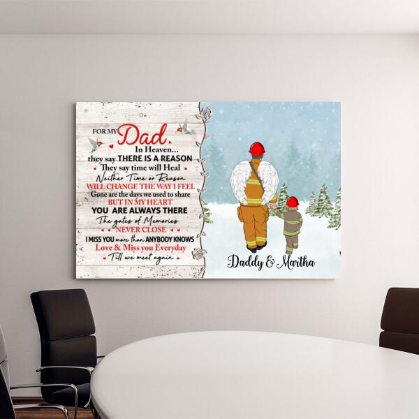For My Dad in Heaven - Personalized Gifts, Custom Memorial Canvas for Dad, Firefighter Gifts