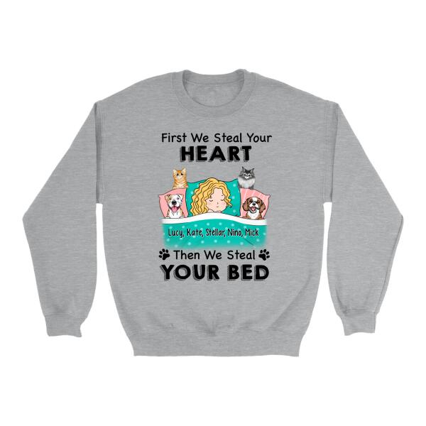 Personalized Shirt, Sleeping With Pets, First We Steal Your Heart Then We Steal Your Bed, Gift For Dog Lovers, Cat Lovers