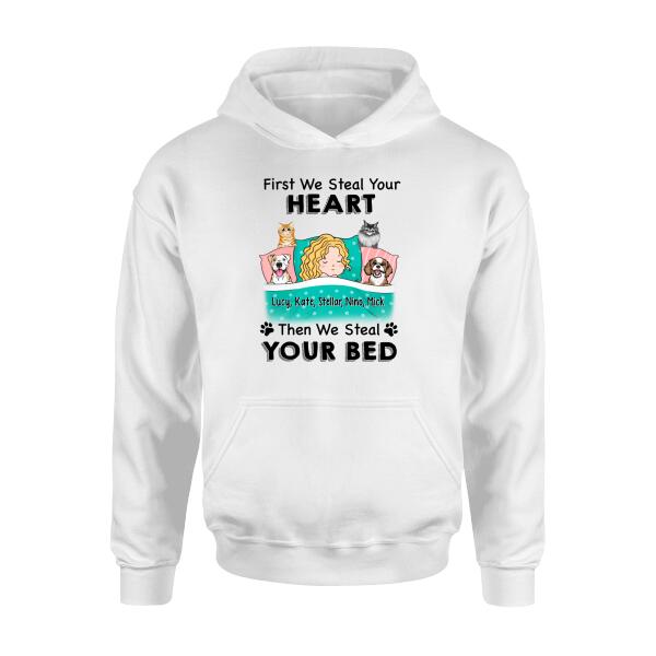 Personalized Shirt, Sleeping With Pets, First We Steal Your Heart Then We Steal Your Bed, Gift For Dog Lovers, Cat Lovers