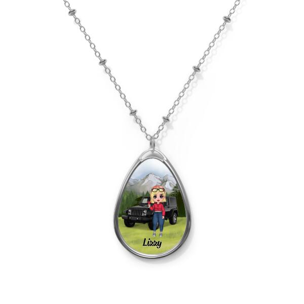 Chibi Girl Car Drinking - Personalized Necklace For Her, Offroad Lovers