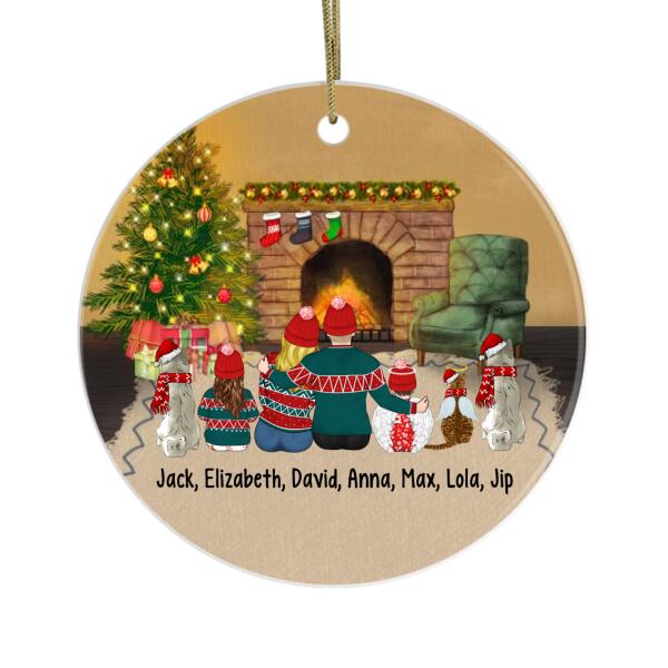 Up To 3 Pets Family Christmas Around Fireplace - Personalized Ornament For the Family, Christmas