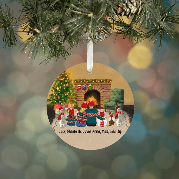 Up To 3 Pets Family Christmas Around Fireplace - Personalized Ornament For the Family, Christmas