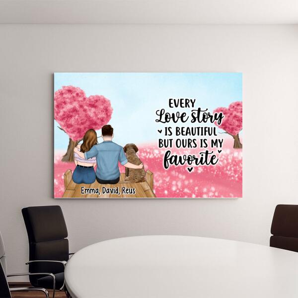 Couple Sitting With Pets - Personalized Canvas For Couples, Dog Lovers, Cat Lovers