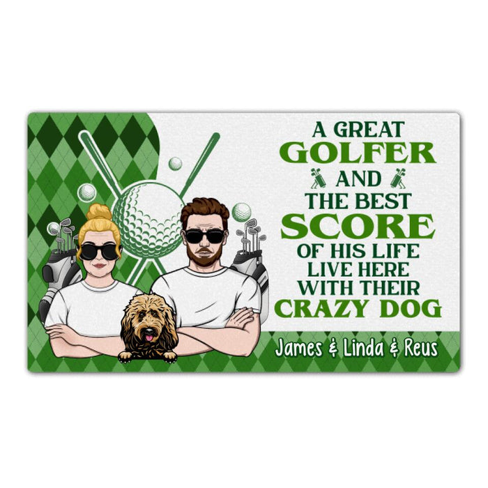Golf Couple And Dogs - Personalized Doormat For Him, For Her, Dog Lovers, Golf