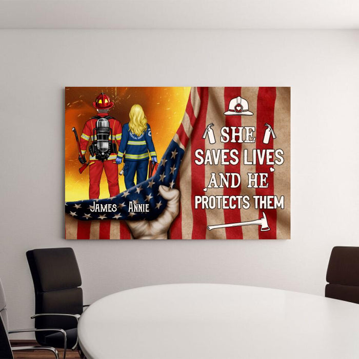 She Saves Lives And He Protects Them - Personalized Canvas Firefighter, EMS, Nurse, Police Officer, Military