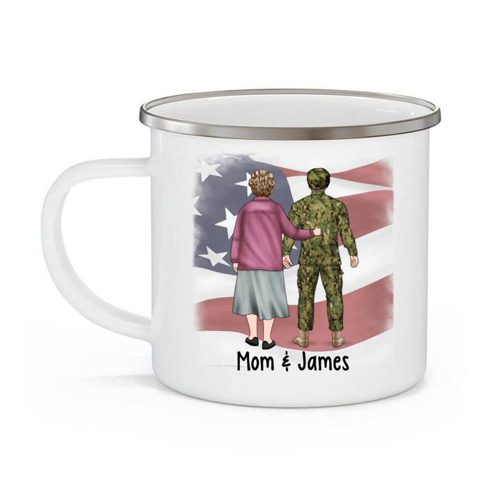 My Son Has Your Back, Proud Army Mom - Personalized Gifts Custom Military Enamel Mug for Mom, Military Gifts