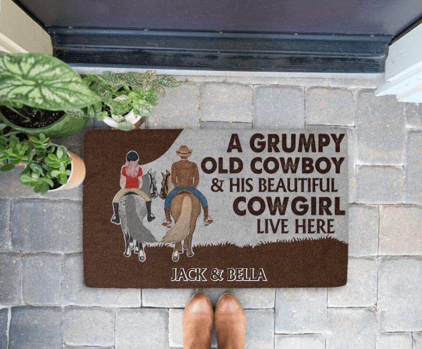 A Grumpy Old Cowboy & His Beautiful Cowgirl Live Here - Horse Personalized Gifts Custom Doormat for Couples