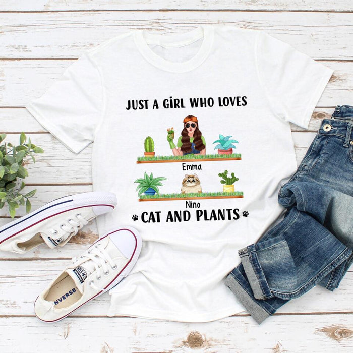 Just a Girl Who Loves Cats and Plants - Personalized Gifts Custom Gardener Shirt for Cat Mom, Gardeners Gifts