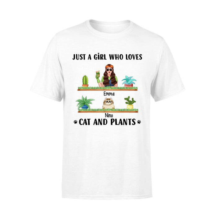 Just a Girl Who Loves Cats and Plants - Personalized Gifts Custom Gardener Shirt for Cat Mom, Gardeners Gifts