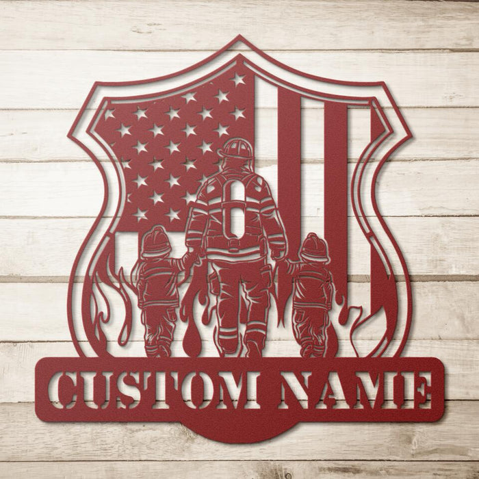 Father With Son and Daughter - Personalized Gifts Custom Firefighter Metal Sign for Family, Firefighter Gifts