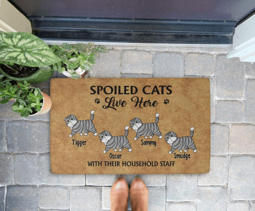 Spoiled Cats Live Here With Their Household Staff - Cat Personalized Gifts Custom Doormat For Family