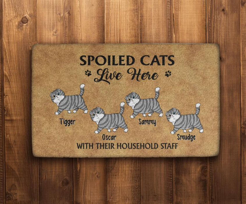 Spoiled Cats Live Here With Their Household Staff - Cat Personalized Gifts Custom Doormat For Family