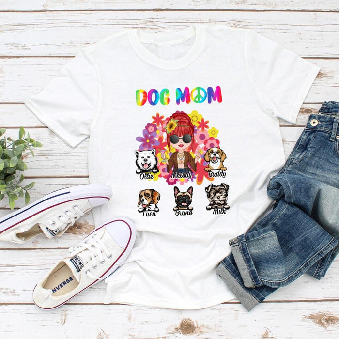 Up to 5 Dogs Hippie Dog Mom - Personalized Gifts Custom Dog Shirt for Dog Mom, Dog Lovers