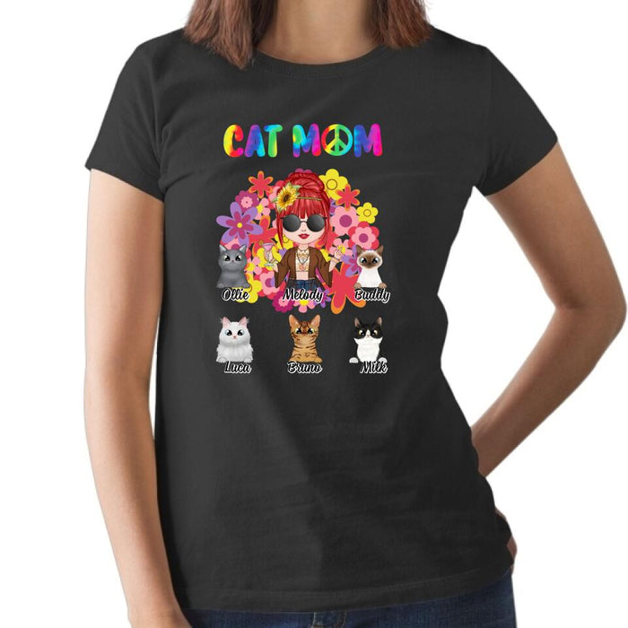 Up to 5 Cats Hippie Cat Mom - Personalized Gifts Custom Cat Shirt for Cat Mom, Cat Lovers