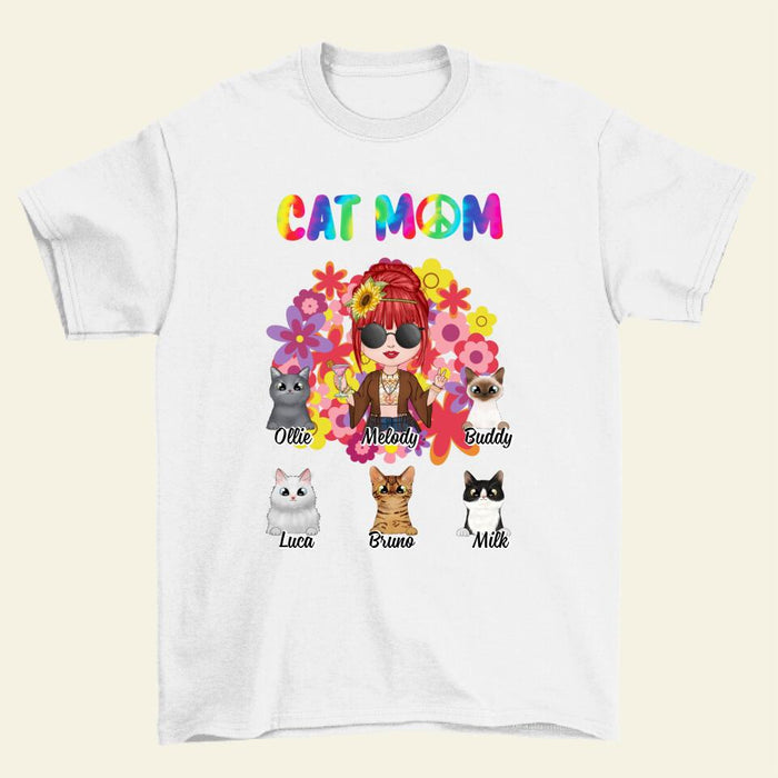 Up to 5 Cats Hippie Cat Mom - Personalized Gifts Custom Cat Shirt for Cat Mom, Cat Lovers
