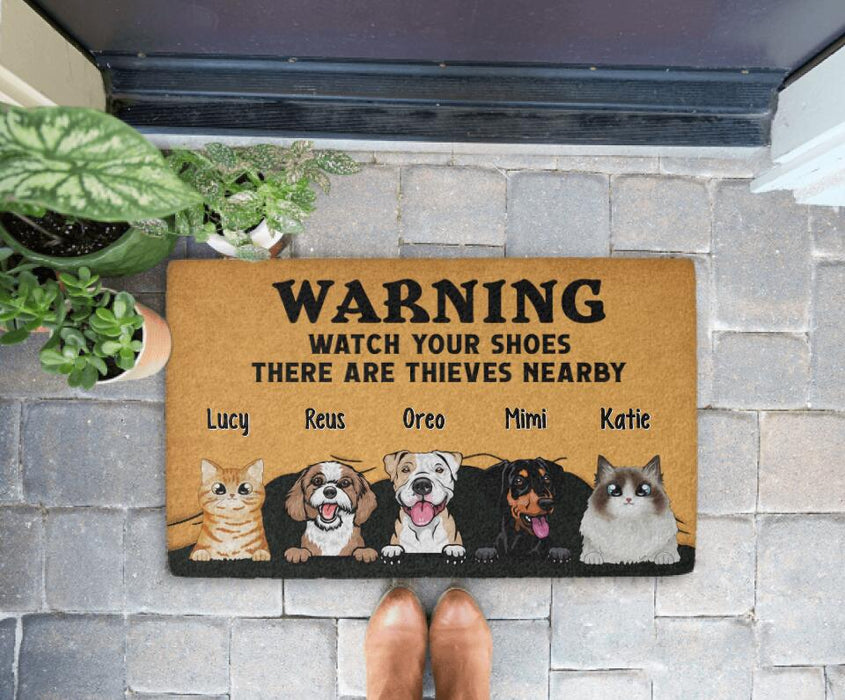 Warning There Are Pet Thieves Nearby - Cat Lovers, Dog Personalized Gifts Custom Doormat for Family