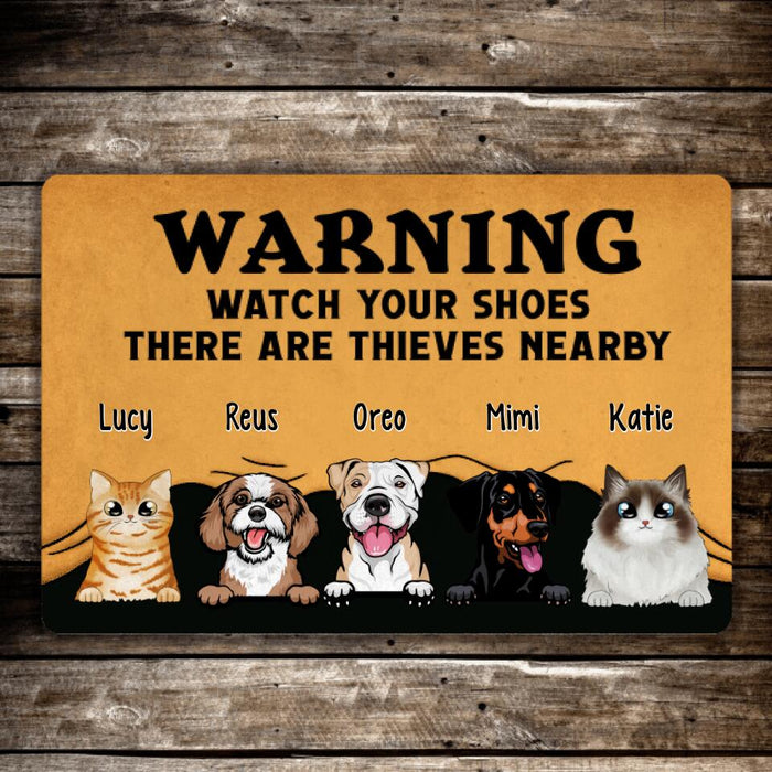 Warning There Are Pet Thieves Nearby - Cat Lovers, Dog Personalized Gifts Custom Doormat for Family