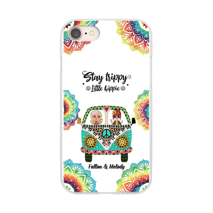 Up To 2 Chibi Stay Trippy Little Hippie - Personalized Phone Case For Her, Friends, Sisters, Hippie