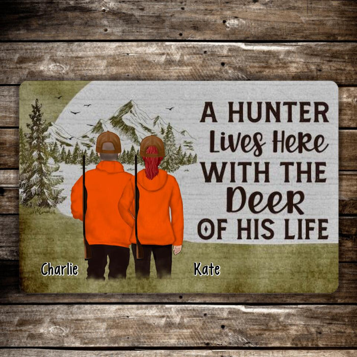 A Hunter Lives Here With the Deer of His Life - Hunting Personalized Gifts Custom Doormat for Couples