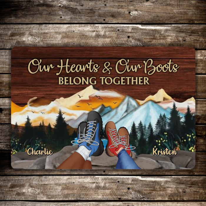 Our Hearts Our Boots Belong Together - Hiking Personalized Gifts Custom Doormat for Couples