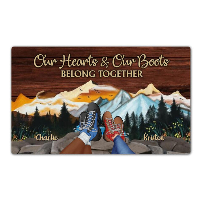 Our Hearts Our Boots Belong Together - Hiking Personalized Gifts Custom Doormat for Couples