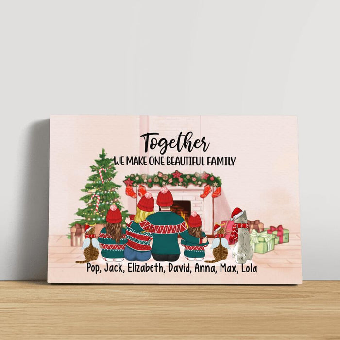 Personalized Canvas, Christmas Couple With Two Kids And Pets, Christmas Gift For Family And Pet Lovers