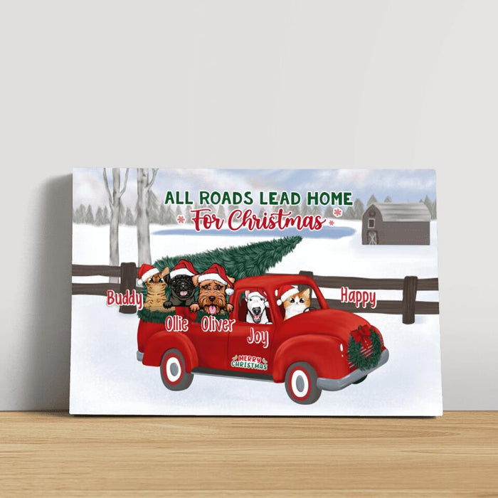 Personalized Canvas, All Roads Lead Home For Christmas, Up To 5 Dogs, Cats, Christmas Gift For Family, Dog, Cat Lover