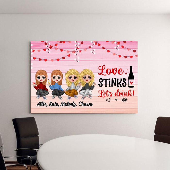 Up To 4 Chibi Love Stinks Let'S Drink - Personalized Canvas For Her, Friends, Sister, Valentine's Day