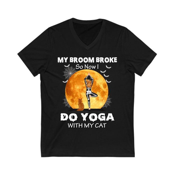 Personalized Shirt, My Broom Broke So Now I Do Yoga With My Cats - Halloween Gift, Gift For Yoga And Cat Lovers