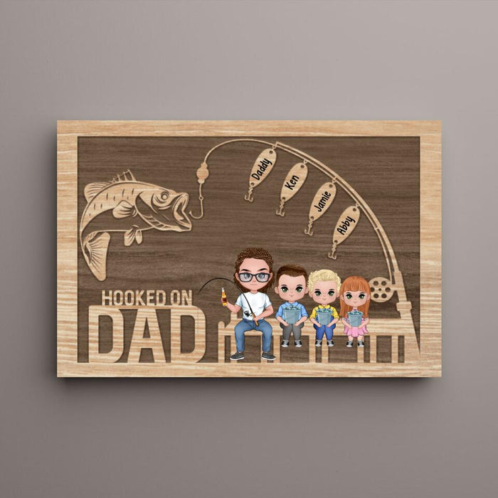 Up to 3 Kids Hooked on Dad - Personalized Gifts Custom Fishing Canvas for Dad, Fishing Lovers