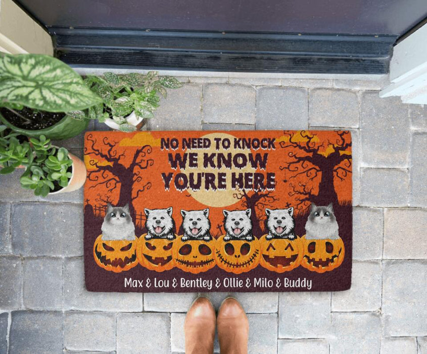 No Need to Knock, We Know You're Here - Halloween Personalized Gifts Custom Doormat for Dog and Cat Lovers