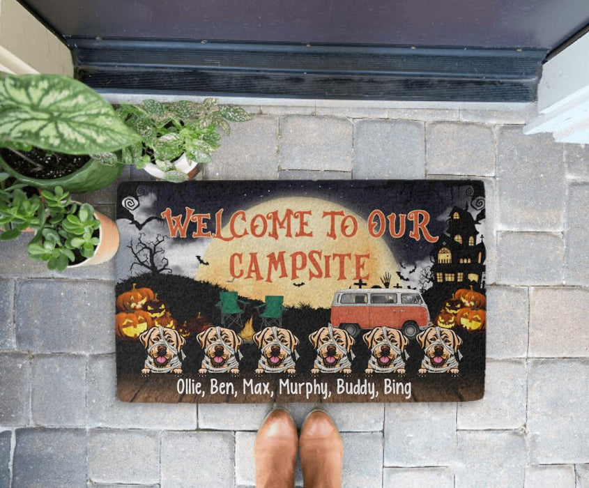 Welcome to Our Campsite - Halloween Personalized Gifts Custom Doormat for Camping and Dog Lovers