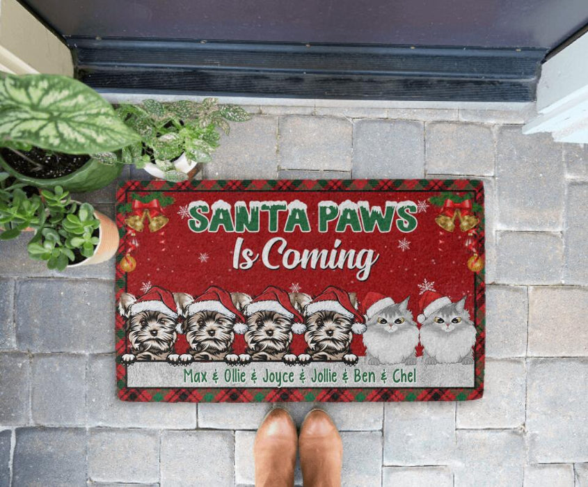 Santa Paws Is Coming - Christmas Personalized Gifts Custom Doormat for Dog and Cat Lovers