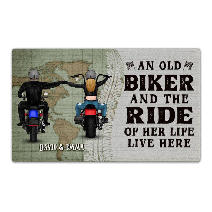 An Old Biker And The Ride Of Her Life Live Here - Personalized Doormat For Couples, Motorcycle Lovers