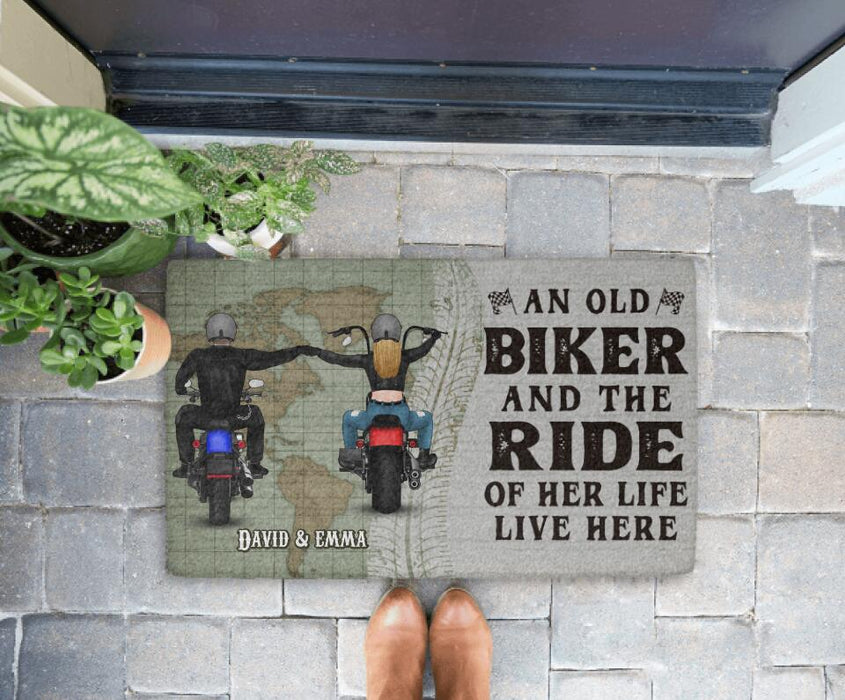 An Old Biker And The Ride Of Her Life Live Here - Personalized Doormat For Couples, Motorcycle Lovers