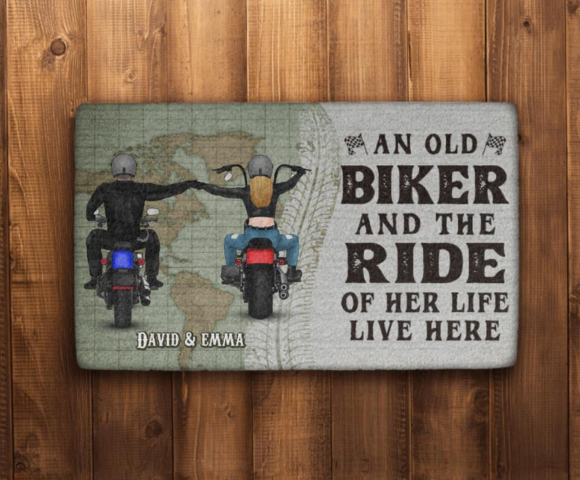 An Old Biker And The Ride Of Her Life Live Here - Personalized Doormat For Couples, Motorcycle Lovers