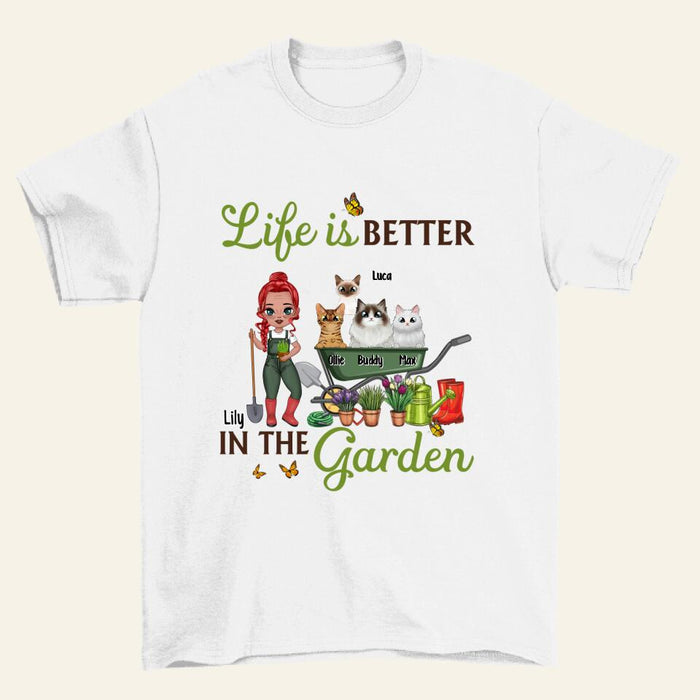 Old Chibi Up To 10 Cats Life Is Better In The Garden - Personalized Shirt For Him, Her, Cat Lovers, Gardener