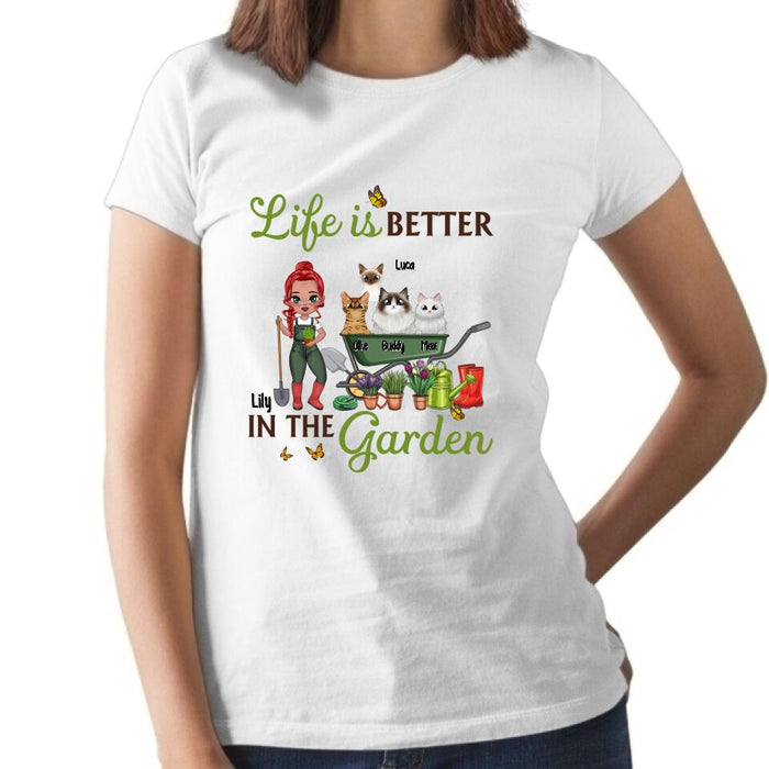 Old Chibi Up To 10 Cats Life Is Better In The Garden - Personalized Shirt For Him, Her, Cat Lovers, Gardener