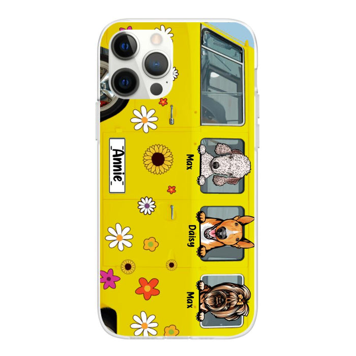 Dogs On Hippie Bus, Up To 3 Dogs - Personalized Phone Case For Hippie, Dog Lovers