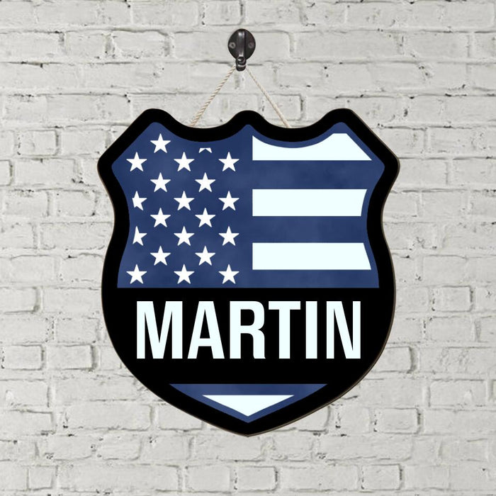 Badge Police Officer US Flag Name - Personalized Shaped Wood Sign For Policeman, Thin Blue Line